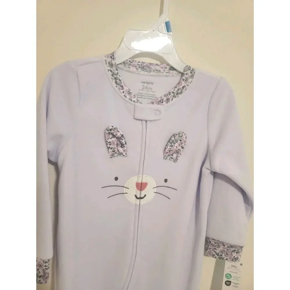 Carter's Girls 24 Months Bunny Lilac Fleece One-Piece Footie PJs 2-way Zipper